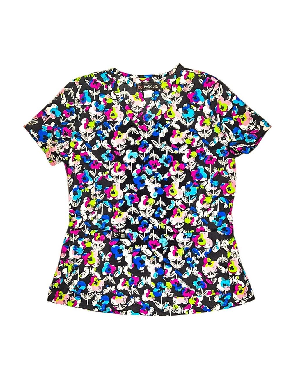 koi BASICS Women's Scrub Top Size S Floral Print Black Multicolor Cotton Blend